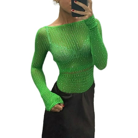 Huakaishijie Women Rhinestone Mesh Bodysuits Long Sleeve See Through Leotard Backless Top
Huakaishijie Women Rhinestone Mesh Bodysuits Long Sleeve See Through Leotard Backless Top