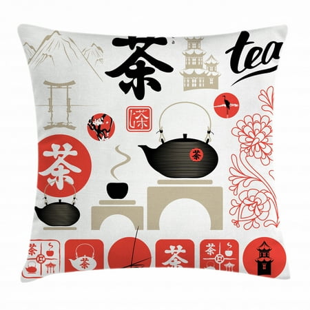 Tea Party Throw Pillow Cushion Cover, Japanese Design with Cultural Elements Flowers Fuji Mountain Tea Pot, Decorative Square Accent Pillow Case, 18 X 18 Inches, Vermilion Black Beige, by Ambesonne