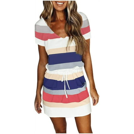 Amuver Women Color Block Dress Adults Striped V-neck Short Sleeve One-piece with Drawstring Pocket
Amuver Women Color Block Dress Adults Striped V-neck Short Sleeve One-piece with Drawstring Pocket