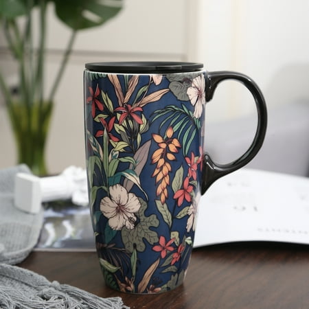 Ceramic Coffee Mug Porcelain Latte Tea Cup With Lid 17 oz. Blue