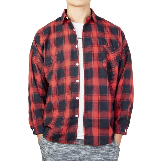 LELINTA Men's Long Sleeve Plaid Shirt Flannel Plaid Shirt Mens Button Down Shirt Workshirt Black Red Blue