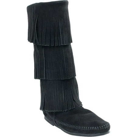 Women s Minnetonka 3 Layer Fringe Boot Black Suede 5 M