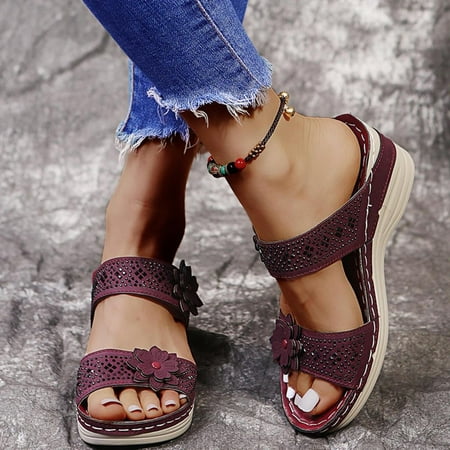 PANOEGSN Sandals Women Summer Retro Casual Flowers High-heeled Flat-bottomed Ladies Wedge Slippers Outdoor Beach Slippers