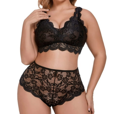 

Fabiurt Women s Lingeries Plus Size Lingerie V Neck High Waist Floral Lace Bra And Panty 2 Piece Set No Underwire Black