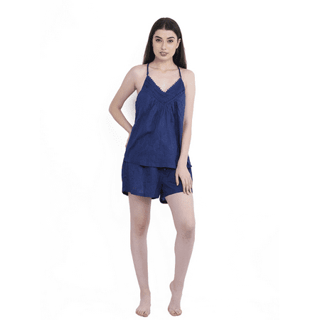 NAVY HALTER NECK SLEEP WEAR CO-ORD SET WITH FRONT LACE DETAIL