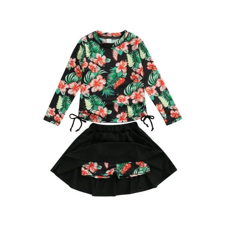 

Kids Girl Causal Two Pieces Bathing Suit Floral Mermaid Long Sleeve Swimming Tops+Ruffle Shorts Skirt Swimsuit Beachwear