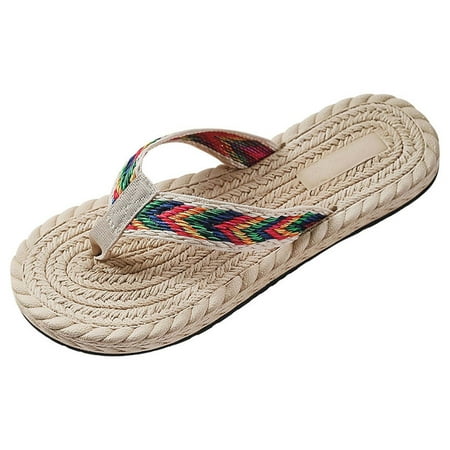 BELLZELY Womens Shoes Sandals Clearance Summer Women Seaside Imitation Straw Flip Flops Fashion Flat Beach Flip Flops