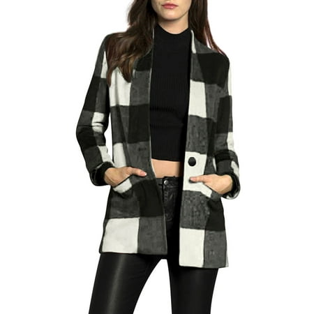 Women One-Button Placket Two Pockets Checked Coat White Black XS (US 2)