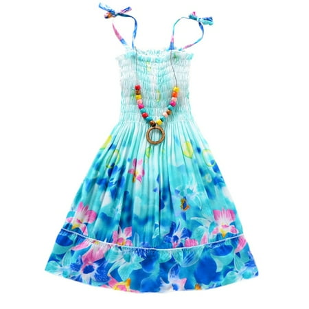 Little Girls Summer Beach Floral Midi Dress With Necklace 
Little Girls Summer Beach Floral Midi Dress With Necklace
