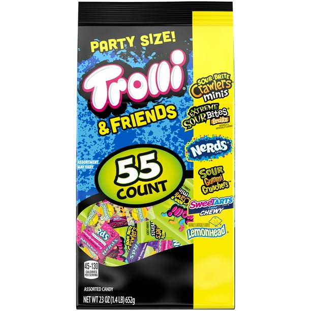TROLLI & FRIENDS Sour Brite Crawlers, Extreme Sour Bites, Nerds, Sour Gummi Crunchers, SweeTARTS & Lemonhead Candy Variety Pack 55 pc Bag