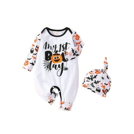 Douhoow Unisex Baby Boy Girl Halloween Outfit Long Sleeve Pumpkin Ghost Print Romper with Hat
Douhoow Unisex Baby Boy Girl Halloween Outfit Long Sleeve Pumpkin Ghost Print Romper with Hat