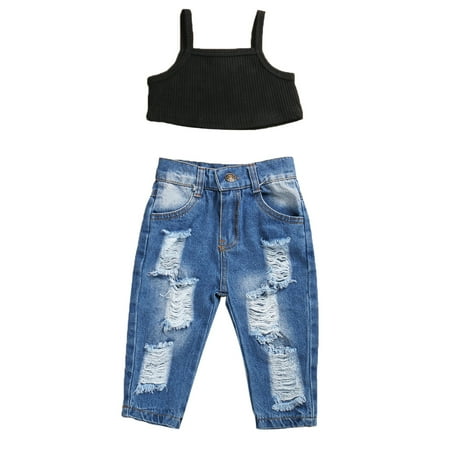 Frobukio 2Pcs Kids Baby Girls Summer Clothes Set Sleeveless Ribbed Knit Cropped Camisole + Ripped Jeans Outfits Black 4 Years
Frobukio 2Pcs Kids Baby Girls Summer Clothes Set Sleeveless Ribbed Knit Cropped Camisole + Ripped Jeans Outfits Black 4 Years