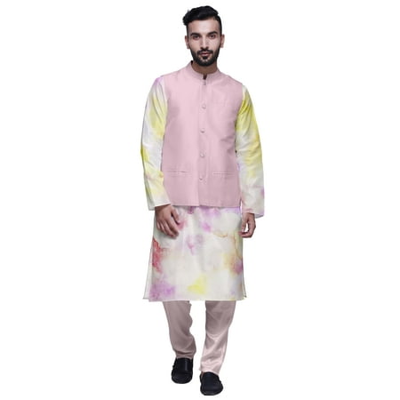 Atasi Printed Kurta With Solid Pajama & Nehru Jacket Set For Mens Party Wear