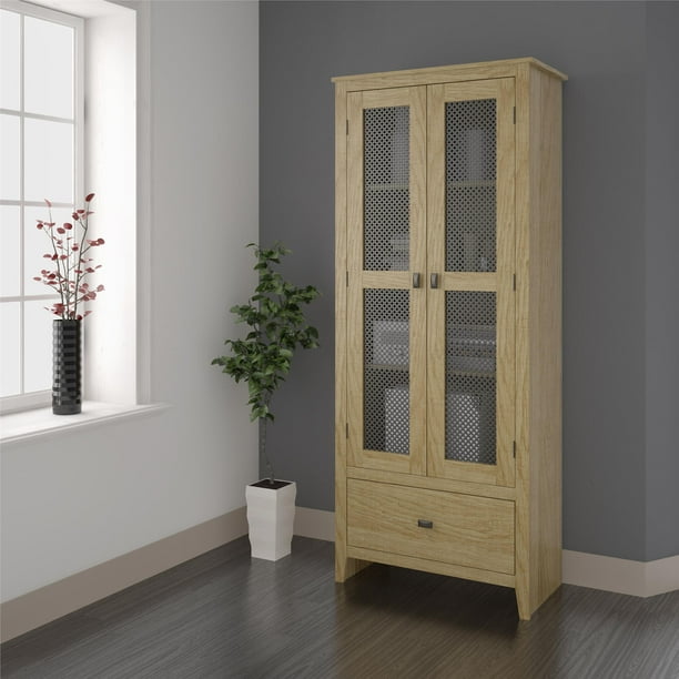 SystemBuild Paradise Valley 30" Wide Storage Cabinet with Mesh Doors, Golden Oak