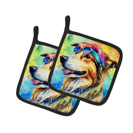 Collie Hippie Dawg Pair of Pot Holders 7.5 in x 7.5 in