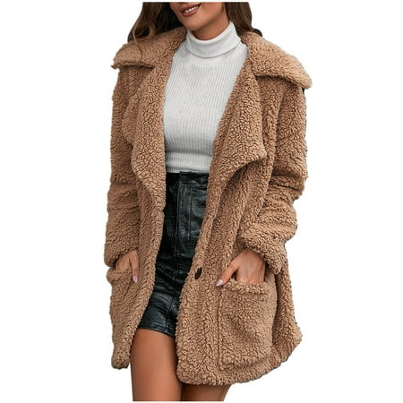 Womens Winter Long Coats Lapel Warm Thick Faux Fur Jacket Solid Long Sleeve Loose Overcoat Outerwear With Pockets