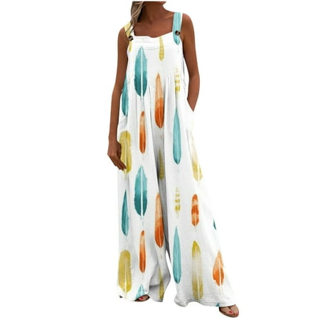 Xihbxyly Jumpsuits for Women 2023 Summer Casual Maternity Overalls Boho Comfy Cotton Linen Jumpsuit Baggy Button Bib Loose Overalls Plus Size Pants Maxi Pockets Rompers Summer Clearance #2