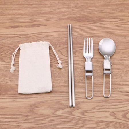 Stainless Steel Foldable Camping Spoon Fork Chopsticks Flatware Utensil Set + Bag