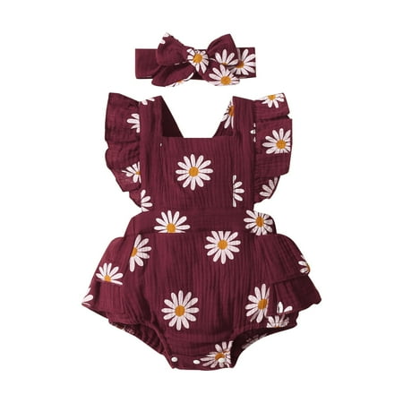 Toddler Baby Girls Climbing Clothes Clothes Daisy Print Crepe Fabric Romper Set Outfits 2Pc Set For 6-9 Months