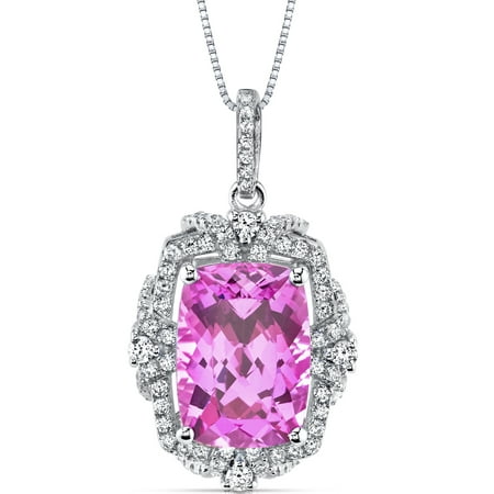 Peora 9.00 Carat T.G.W. Cushion Cut Created Pink Sapphire Rhodium over Sterling Silver Pendant, 18