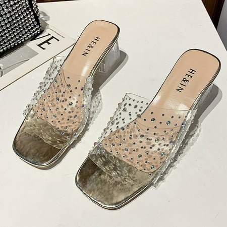 Women s Fashion Casual Transparent Square Heels Outdoor Slippers Shoes