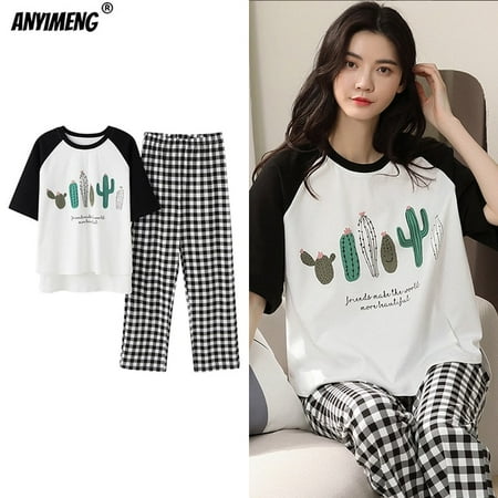 New Sleepwear Cartoon Cotton Pajamas for Women Long Pants Short Sleeved Summer Spring Loungewear Fashion Home Clothing Homewear
New Sleepwear Cartoon Cotton Pajamas for Women Long Pants Short Sleeved Summer Spring Loungewear Fashion Home Clothing Homewear