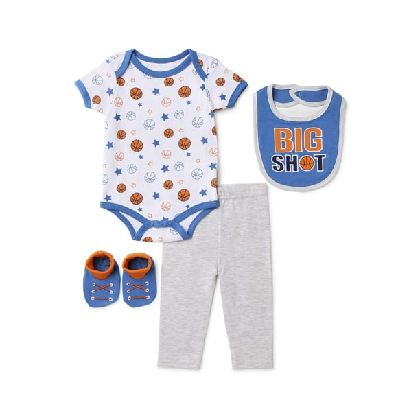 Contact Baby Boy Short Sleeve Bodysuit, Pants, Bib & Booties, 4pc Outfit Set