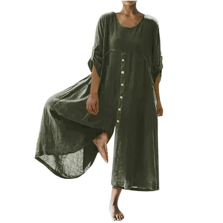 YanHoo Women s Cotton Linen Jumpsuit Plus Size 3/4 Sleeve Wide Leg Buttons Romper Loose Casual Playsuit with Pockets
YanHoo Women s Cotton Linen Jumpsuit Plus Size 3/4 Sleeve Wide Leg Buttons Romper Loose Casual Playsuit with Pockets