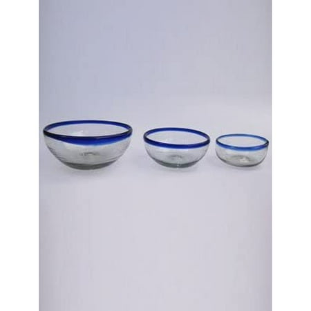 Mexican Blown Glass Snack Bowls Cobalt Blue Rim (3 Pieces)