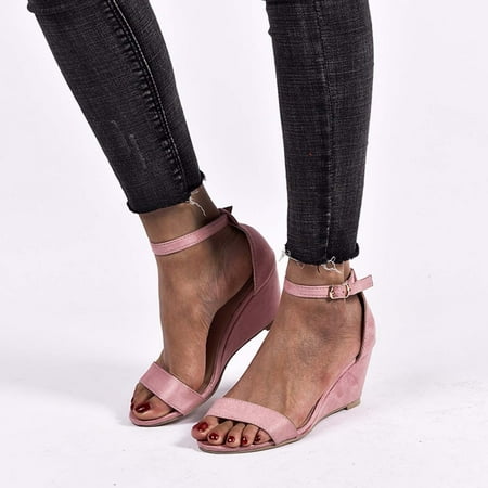 Ecqkame Women s Wedges Sandals Clearance Summer Women s Ladies Fashion Round Toe Peep Toe Wedges Casual Shoes Sandals Pink 42