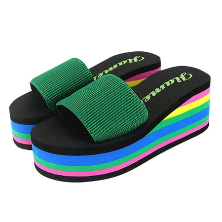 

Dvkptbk Slippers Women s Summer Slippers Platform High-heel Rainbow Platform Wedges Shoes Green 40