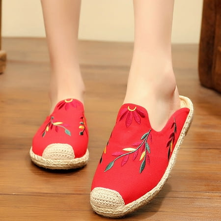 HIBRO Women Ladies Fashion Embroider Flat Sandals Slipper Round Toe Casual Shoes