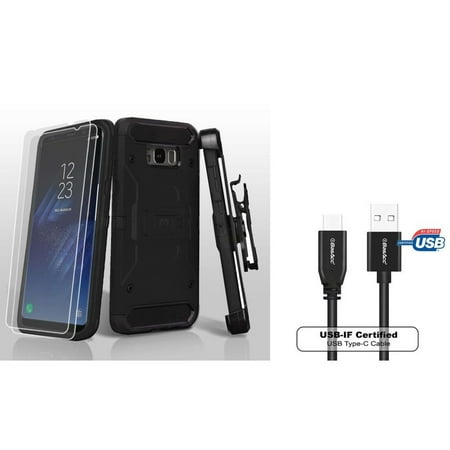 Insten 3-in-1 Kinetic Hybrid Holster Case Combo 2pcs Protector For Samsung Galaxy S8 - Black (Bundle with USB Type C - C Type USB Cable)
