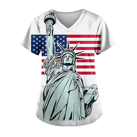 

Kayannuo Print Nursing Uniforms Scrub for Women Clearance Independence Day Women s V-Neck Casual Short Sleeve Printed Pockets Ladies Tops Blouse Uniform