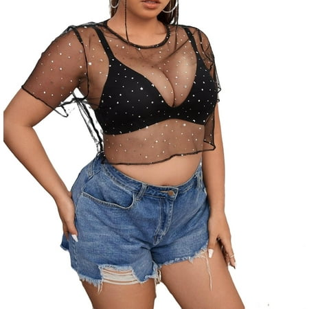Sexy Plain Round Neck Crop Sheer Top Without Bra Short Sleeve Black Plus Size Women Tops (Women s)
Sexy Plain Round Neck Crop Sheer Top Without Bra Short Sleeve Black Plus Size Women Tops (Women s)