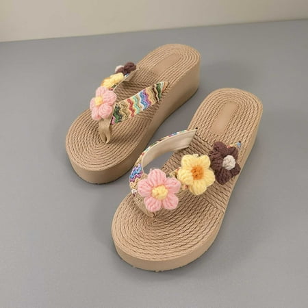 Awdenio Slippers for Women & Men Clearance Women s Summer Bohemian Folk Style Flower Wedges Beach Sandals Flip-flops