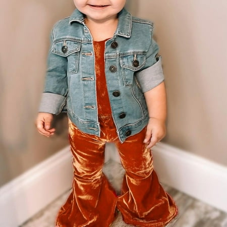 Toddler Baby Girls Velvet Jumpsuit Ruffle Sleeve Suspender Flared Pants Overalls
