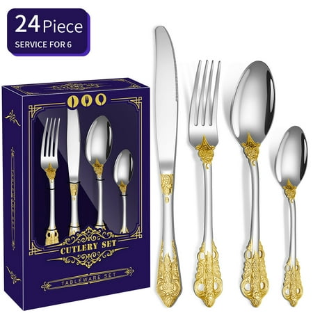 

Luxury 24 Pieces Stainless Steel Flatware set Service for 6 Mirror Polished with Gold Accents Fine Silverware set and Dishwasher Safe