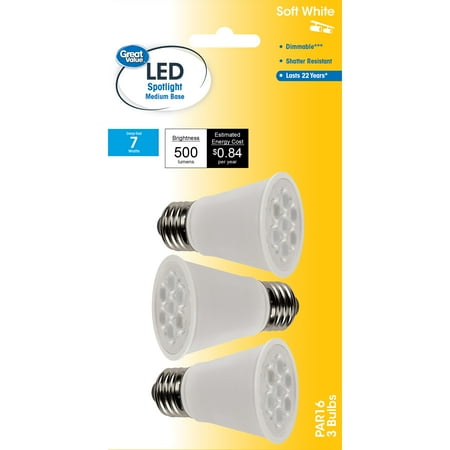 Great Value LED Light Bulb 7W (50W Equivalent) PAR16 Lamp E26 Medium Base Dimmable Soft White 3-Pack
Great Value LED Light Bulb 7W (50W Equivalent) PAR16 Lamp E26 Medium Base Dimmable Soft White 3-Pack