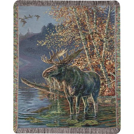 Brown and Green Animal Themed "Moose in Water" Tapestry Throw Blanket with Fringed Border 60" X 50"