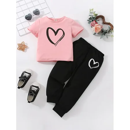 GEDER-F Girls Casual Pink Heart Print T-shirt & Solid Pants Set For Spring And Summer
GEDER-F Girls Casual Pink Heart Print T-shirt & Solid Pants Set For Spring And Summer