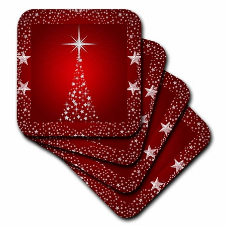 3dRose Silver Star Christmas Tree with Holiday Red Background, Ceramic Tile Coasters, set of 4