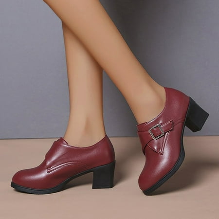 NEGJ Ladies Fashion Solid Color Leather Belt Buckle Chunky High Heel Pumps Casual Shoes