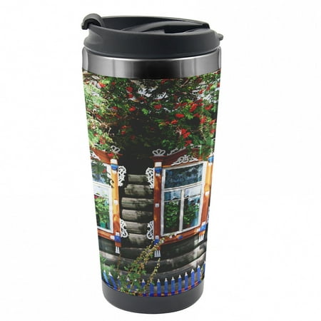 Shutters Travel Mug Ornate Wooden Shutters Steel Thermal Cup 16 oz by Ambesonne