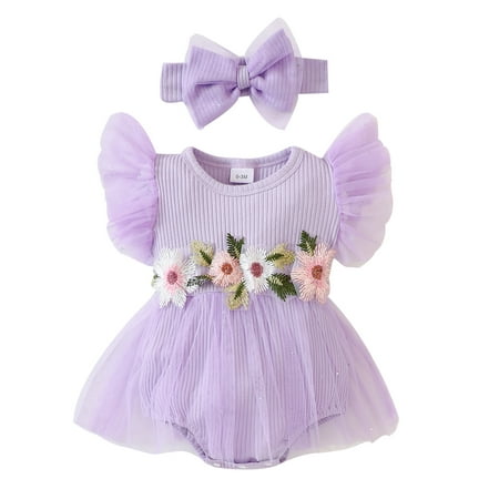 

Infant Girl Romper Dress Flower Leaves Embroidery Rib Knit Fly Sleeve Tulle Skirt Hem Jumpsuits Baby Bodysuits with Headband