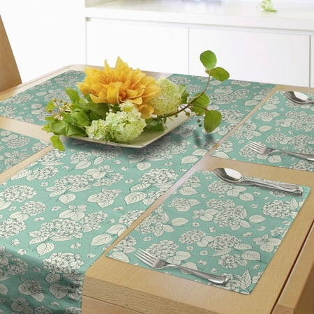 

Floral Table Runner & Placemats Hydrangea Flowers Repeating Romantic Feminine Composition on Teal Toned Backdrop Set for Dining Table Placemat 4 pcs + Runner 14 x72 Teal and Ivory by Ambesonne