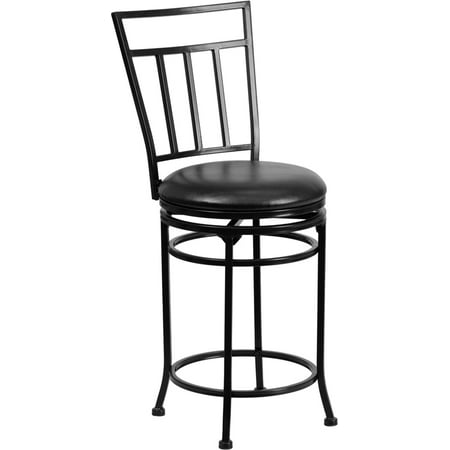 24'' Black Metal Counter Height Stool with Black Leather Swivel Seat
