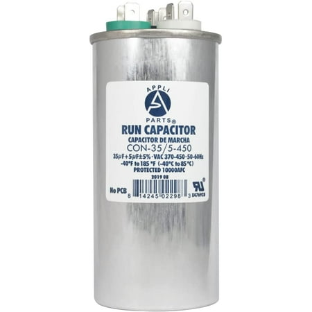 Appli Parts Dual Run Capacitor For Ac 35 5 Mfd Uf (Microfarads) 370VAC Or 450VAC CBB65 Round Universal Fit For Hvac And Other Applications 4-5/8 In High 2 In Wide CON-35/5-450
Appli Parts Dual Run Capacitor For Ac 35 5 Mfd Uf (Microfarads) 370VAC Or 450VAC CBB65 Round Universal Fit For Hvac And Other Applications 4-5/8 In High 2 In Wide CON-35/5-450