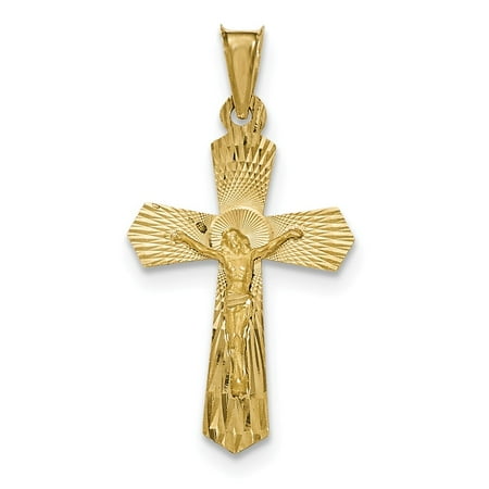 14k Yellow Gold Polished Satin and Diamond Cut Crucifix Pendant