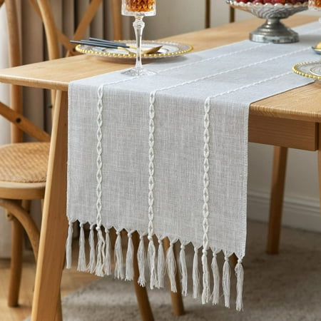 

Farmhouse Table Runner Rustic Table Runners 48 Inches Long Linen Boho Table Runner Braided Striped Grey Table Runner for Dining Party Holiday 15x48 Inches Braided Light Grey